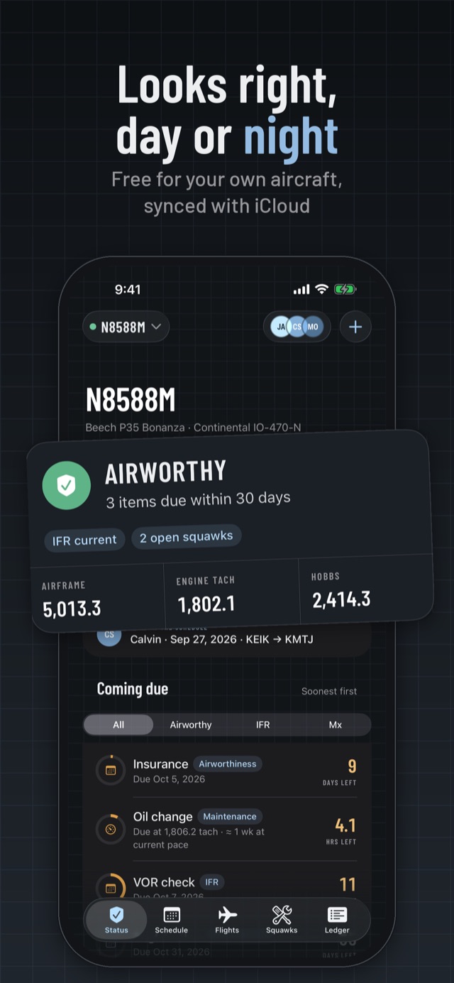 Hangarfolio's status screen in dark mode: airworthy, with items coming due and the aircraft's meters.