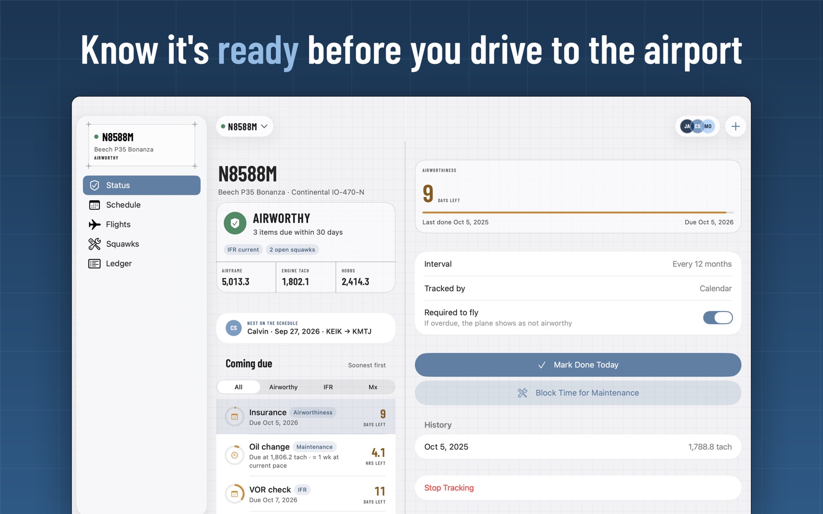 Hangarfolio on the Mac: status, items coming due and the aircraft's meters.